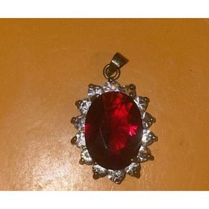 VINTAGE Gold Tone Red Crystal Rhinestone Pendant Victorian Style